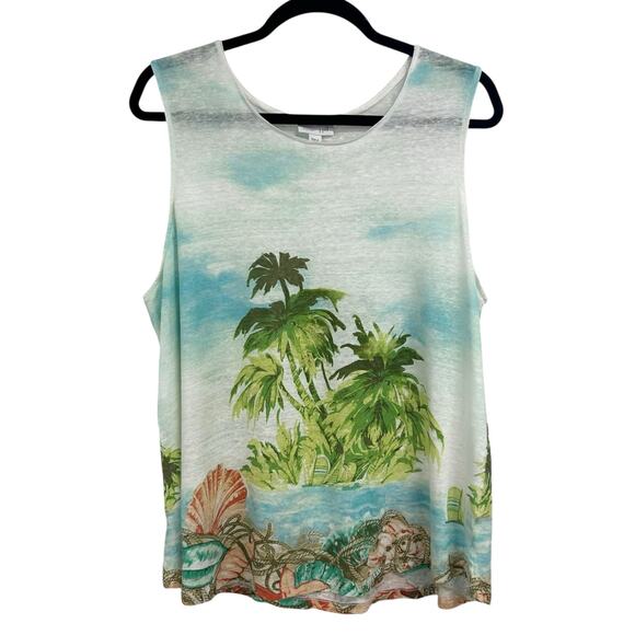 J. Jill Love Linen Multicolor Beach Palm Trees 100% Linen Tank Top Womens Large - Picture 1 of 5